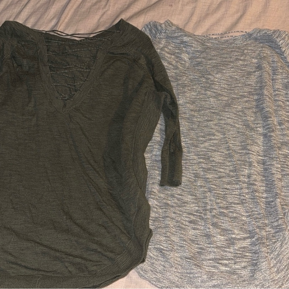 Express Scalloped Sweater Duo in Olive and Light Gray